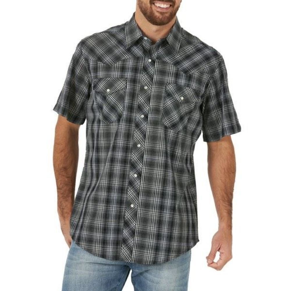 Wrangler Western Men’s Pearl Snap Button Down Shirt Sz XL Black White Pockets